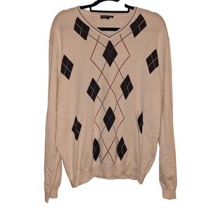 Leno Romano Collection Mens Argyle V-Neck Sweater Cream Cotton Silk Cashmere L